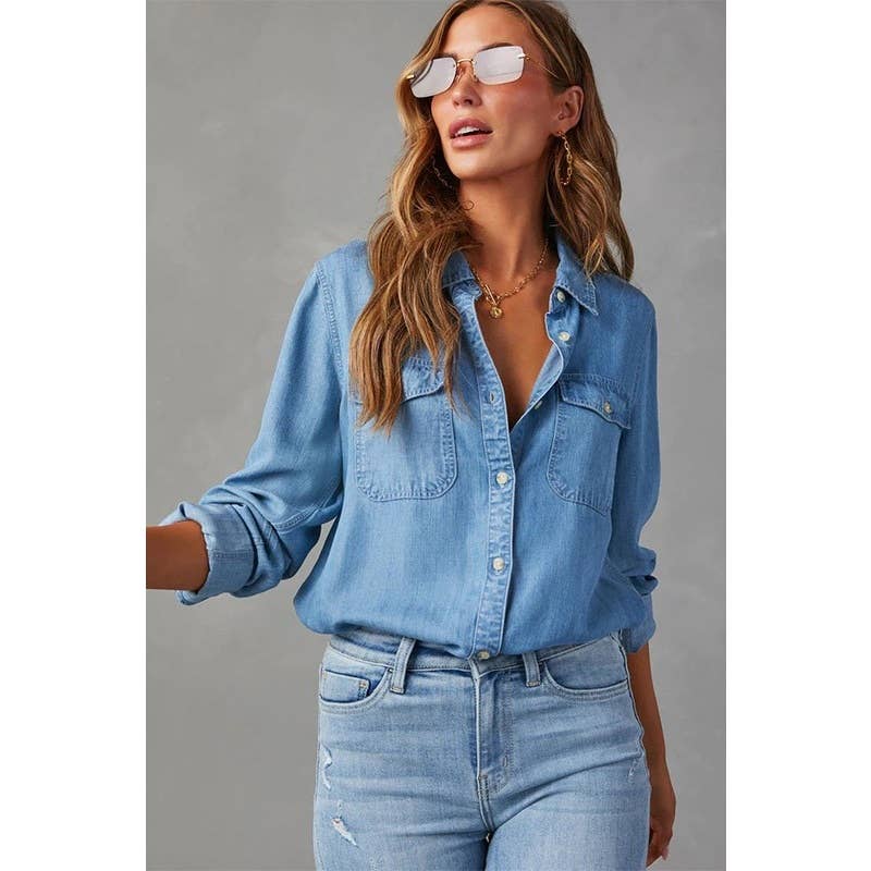 Casual Collared Single Breasted Denim Shirt