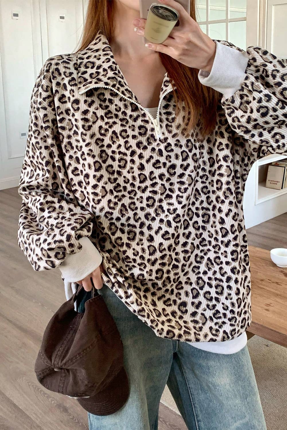 Western apparel Leopard Quarter Zip Corduroy Sweatshirt