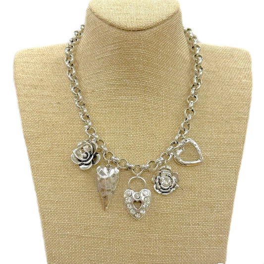 Silver Multi Heart/Flower Charms on Rollo Chain Necklace