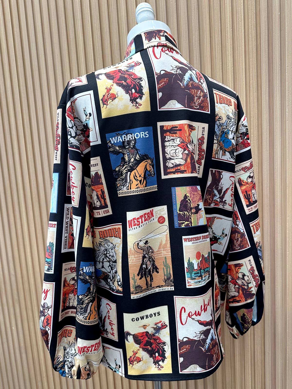 T1629-5585-Western Cowboy Stamps Print Ribbon Blouse