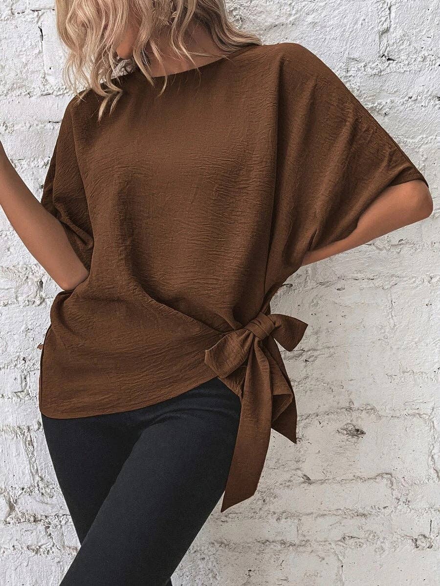 Casual Round Neck Knot Waist Tunic T-Shirt