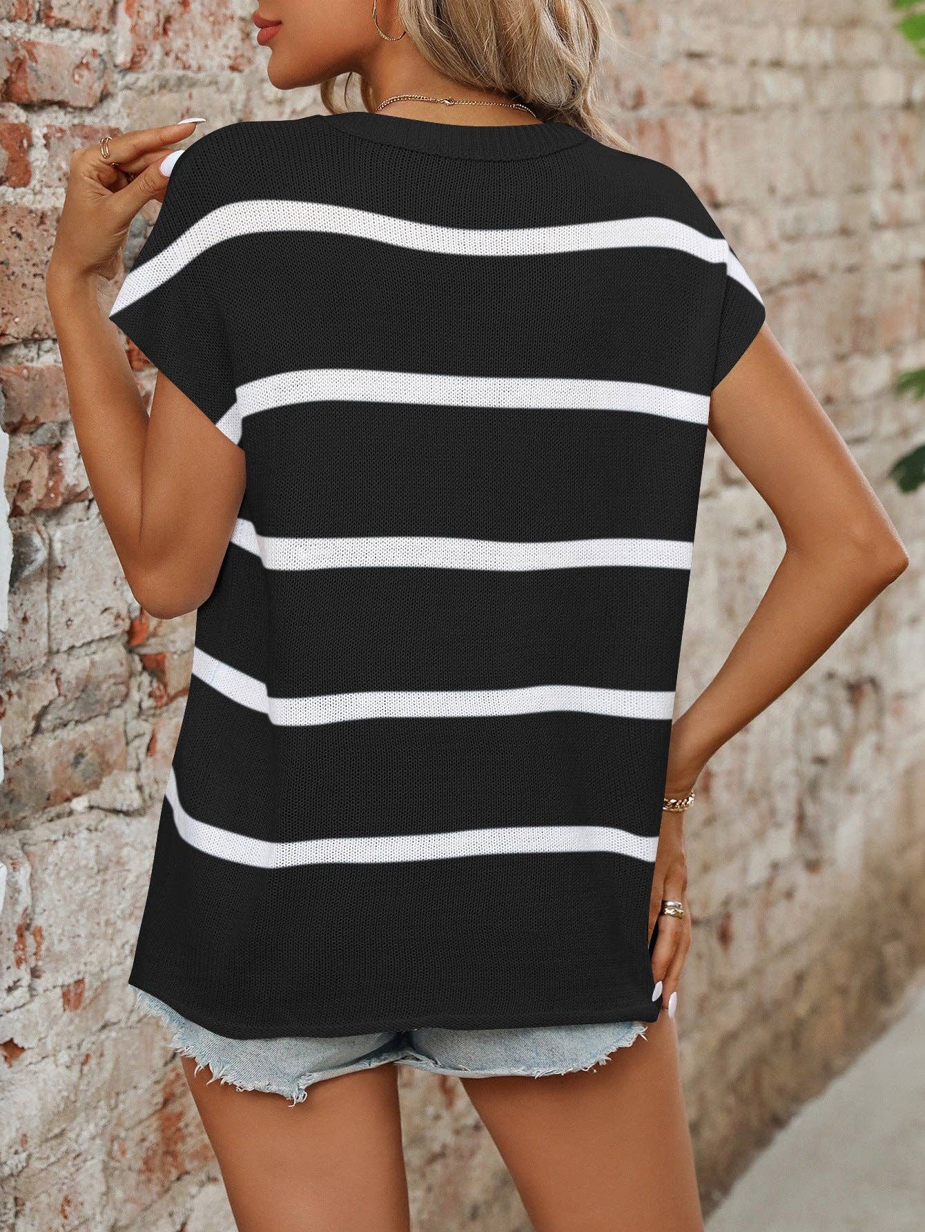 Blue White Striped Crew Neck Short Sleeve Knit Sweater Top