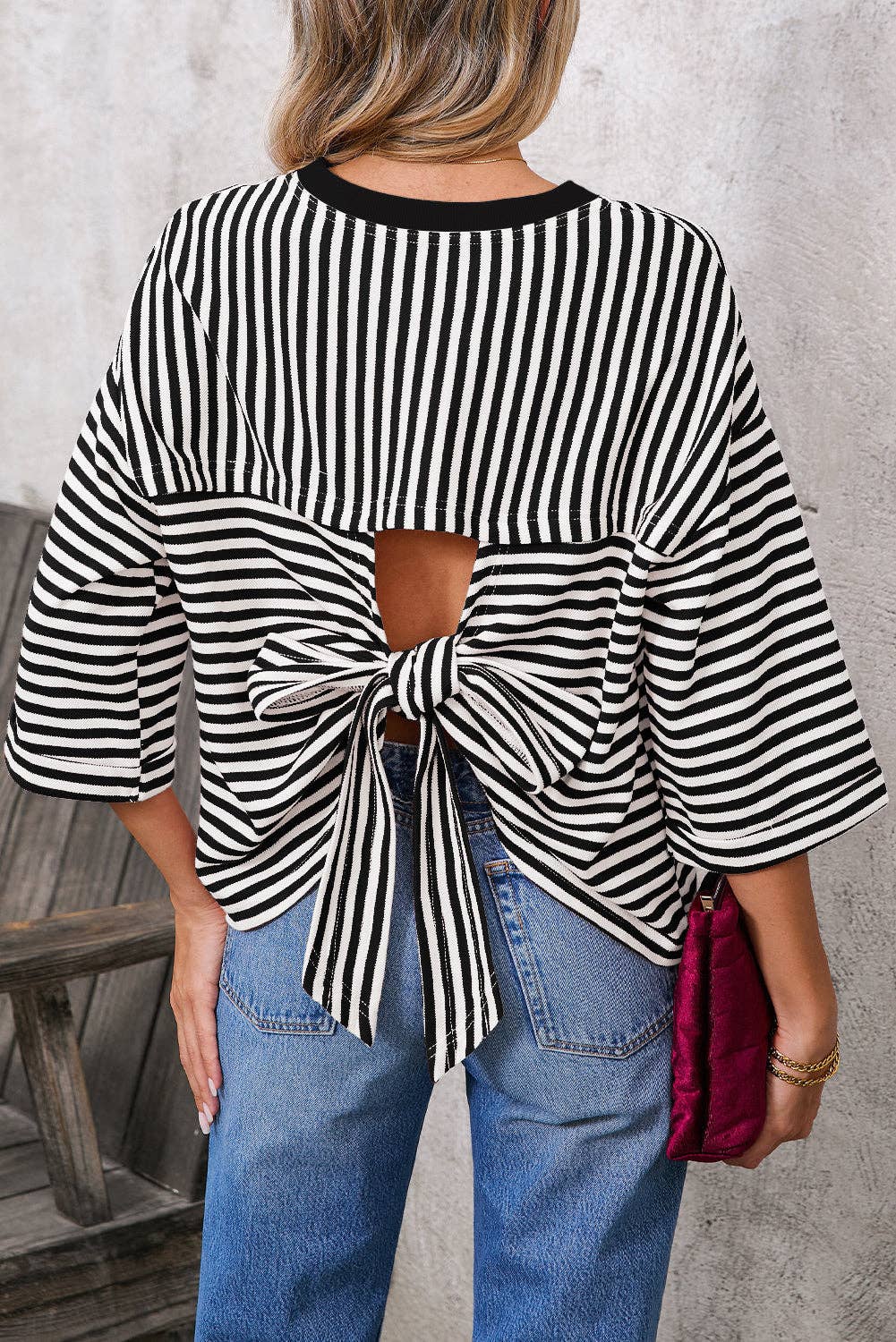 Pink Striped Knit Crew Neck Top with Back Bow Tie Detail
