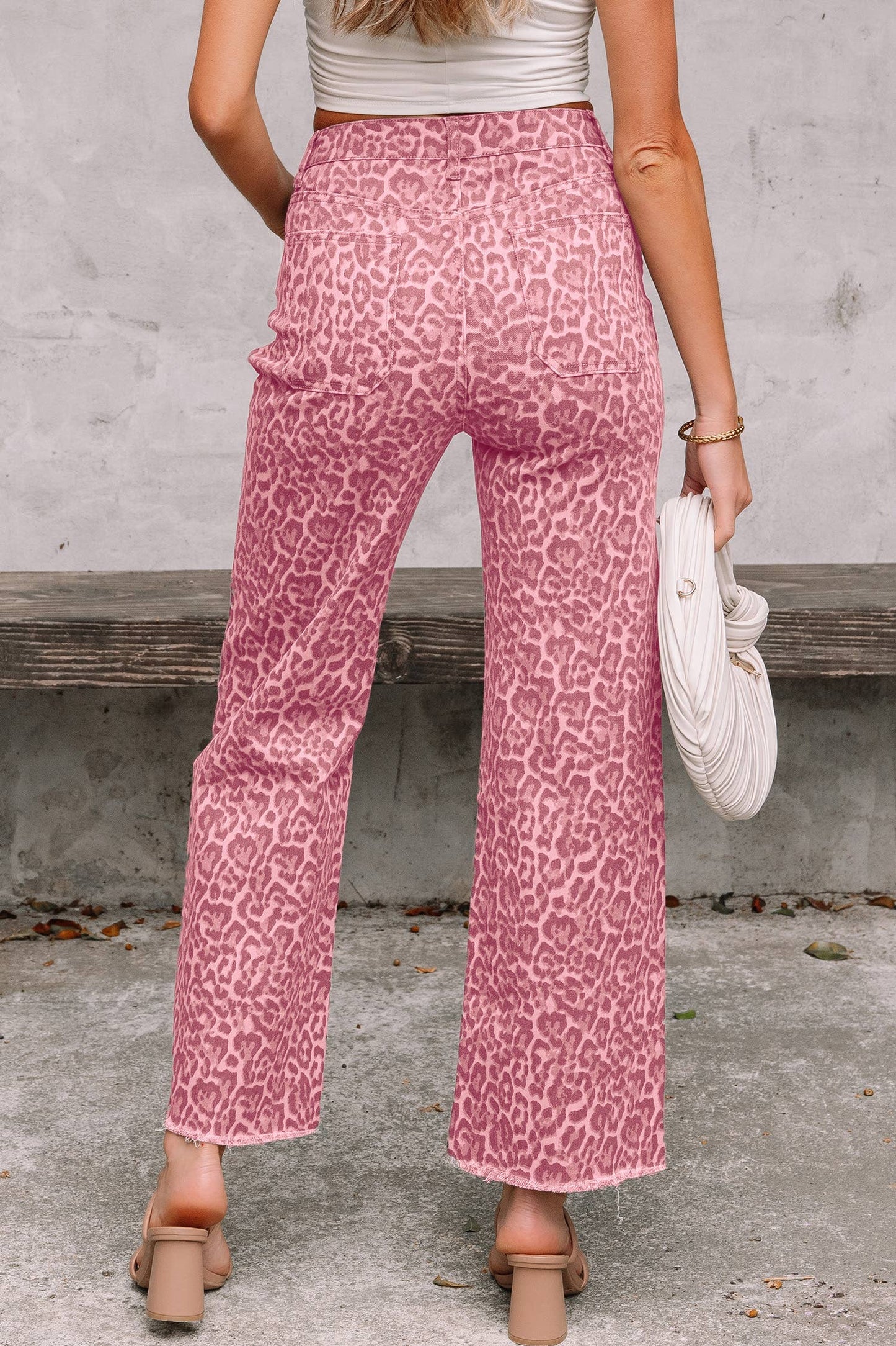 Western Leopard Frayed Edge Wide Leg High Waist Jeans*4-16