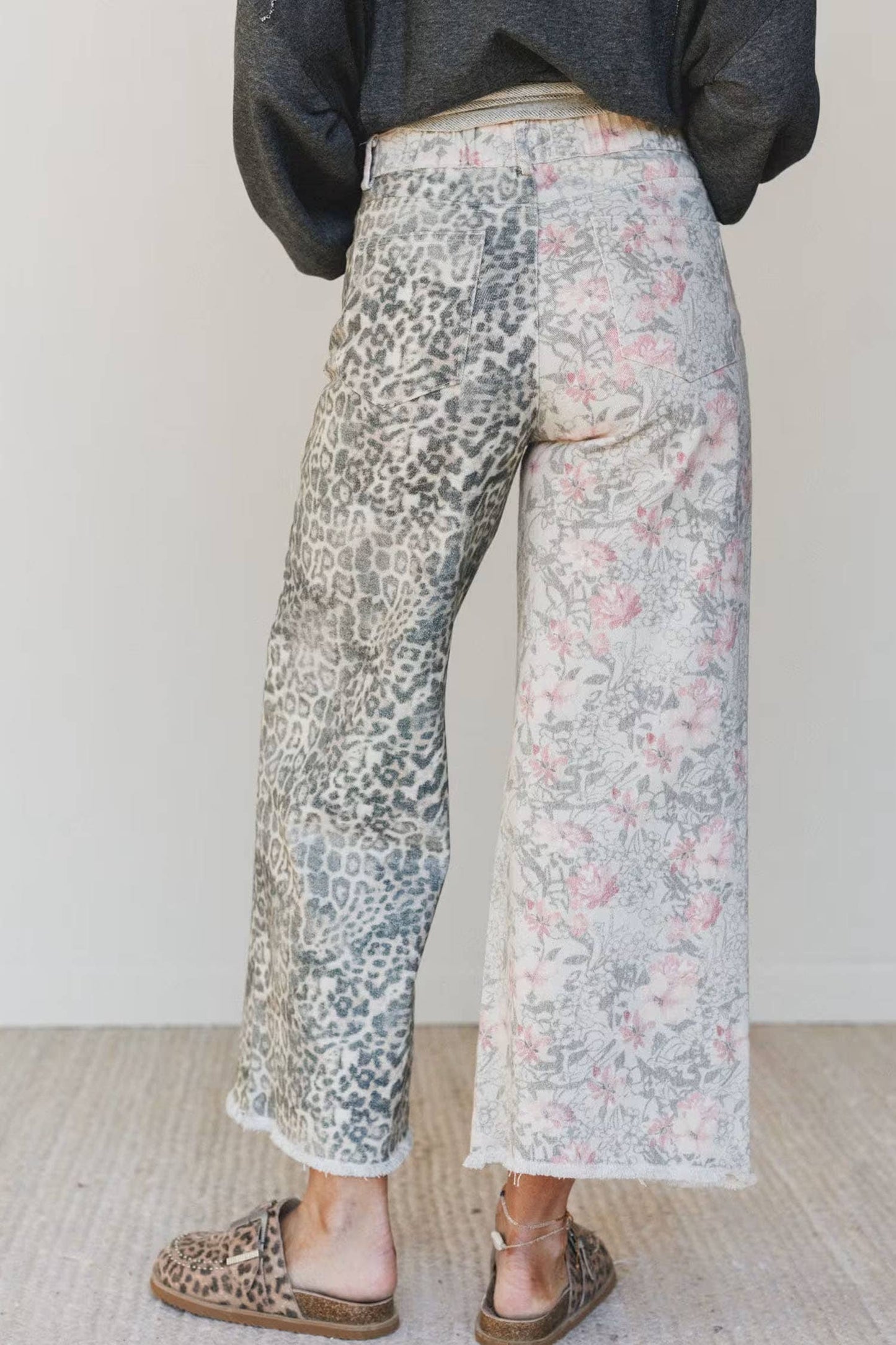 Western Leopard Frayed Edge Wide Leg High Waist Jeans*4-16