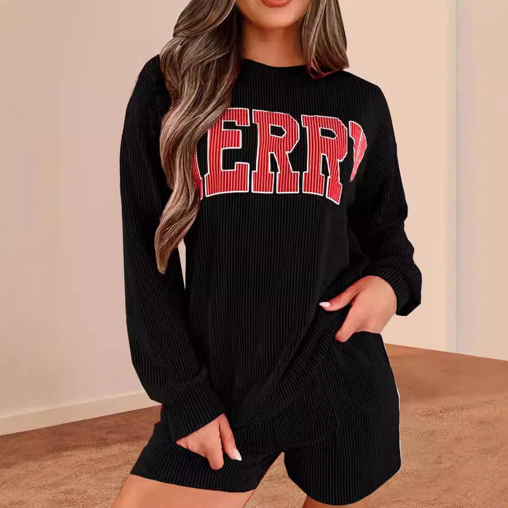 Merry Christmas Print Sweatshirt Shorts Casual Set