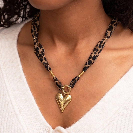 Leopard print heart stainless steel necklace_CWMM5705