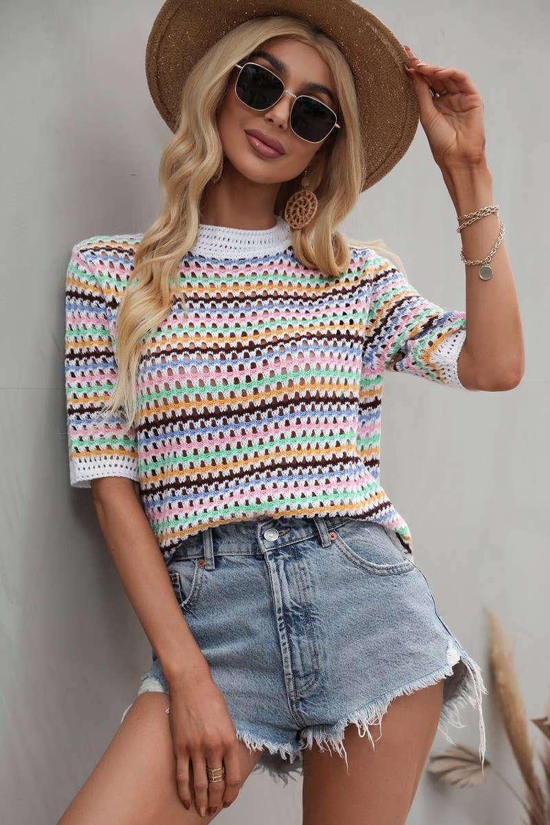 CWTTS0736_Crochet Short Sleeve Pullover Sweater