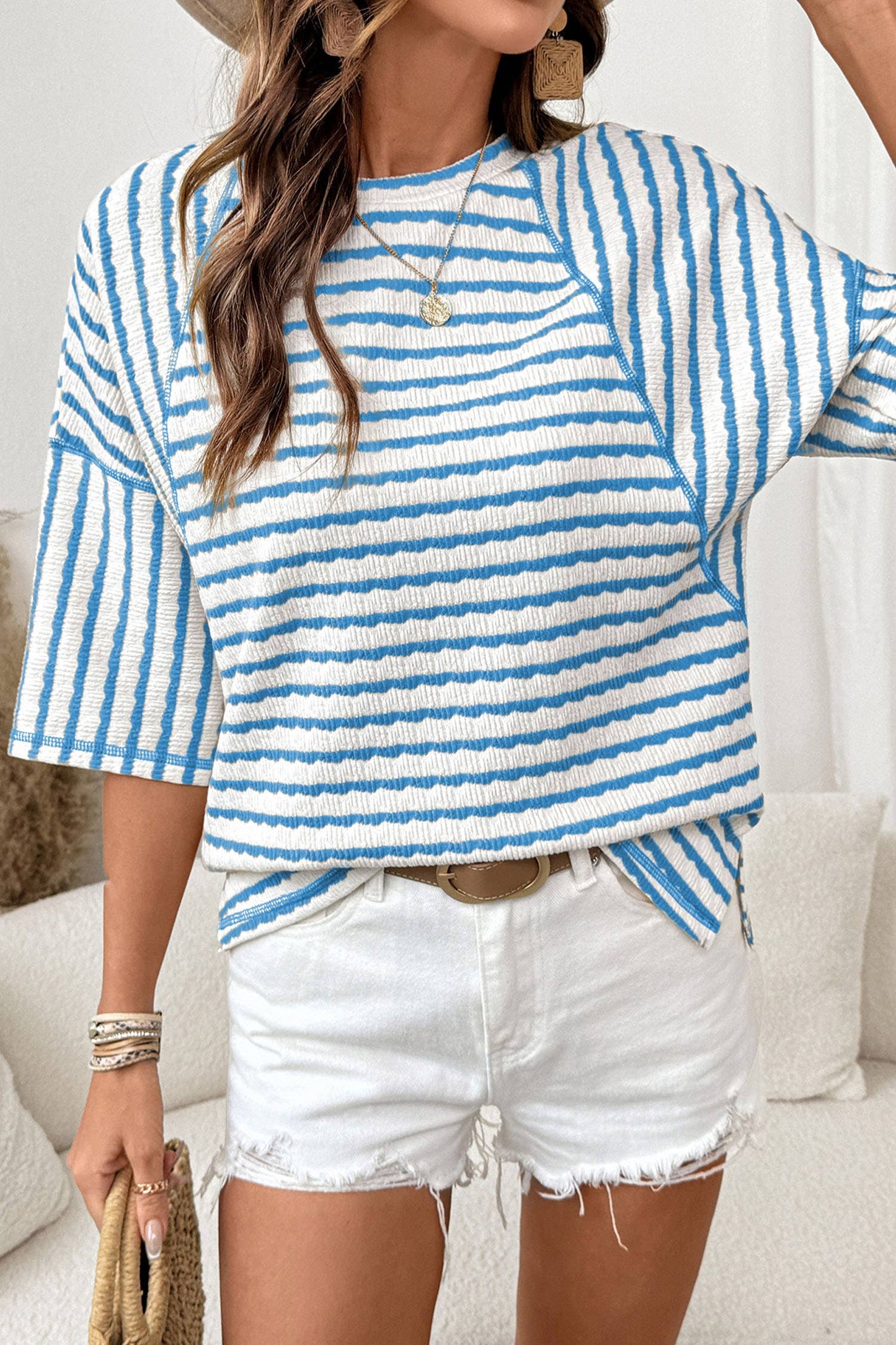 Striped Textured Knit Split Hem Half Sleeve Loose Top|S-4X