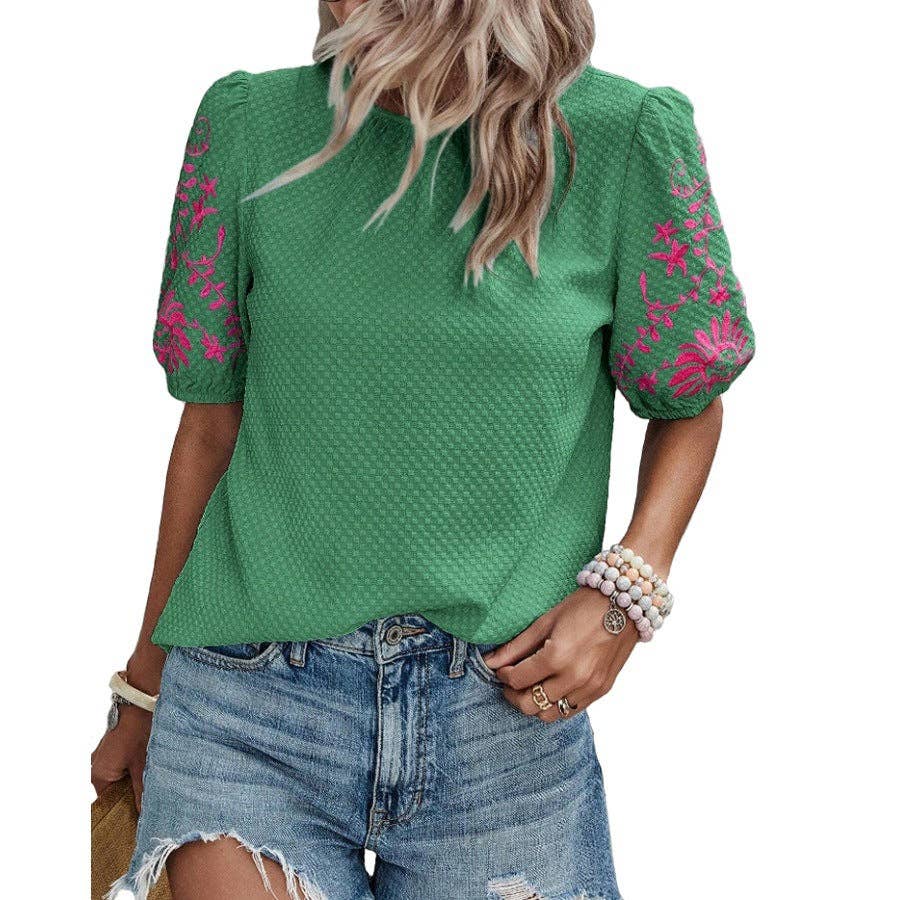 Puff Sleeve Embroidered Blouse for Women Summer