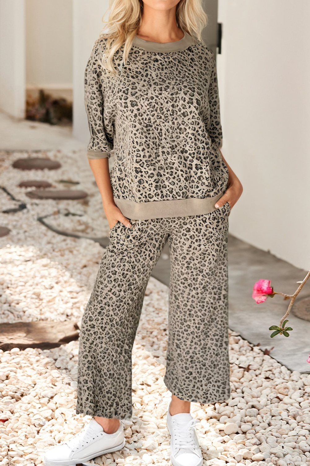 Spring Western Leopard Patchwork Pullover Wide Leg Pant Set