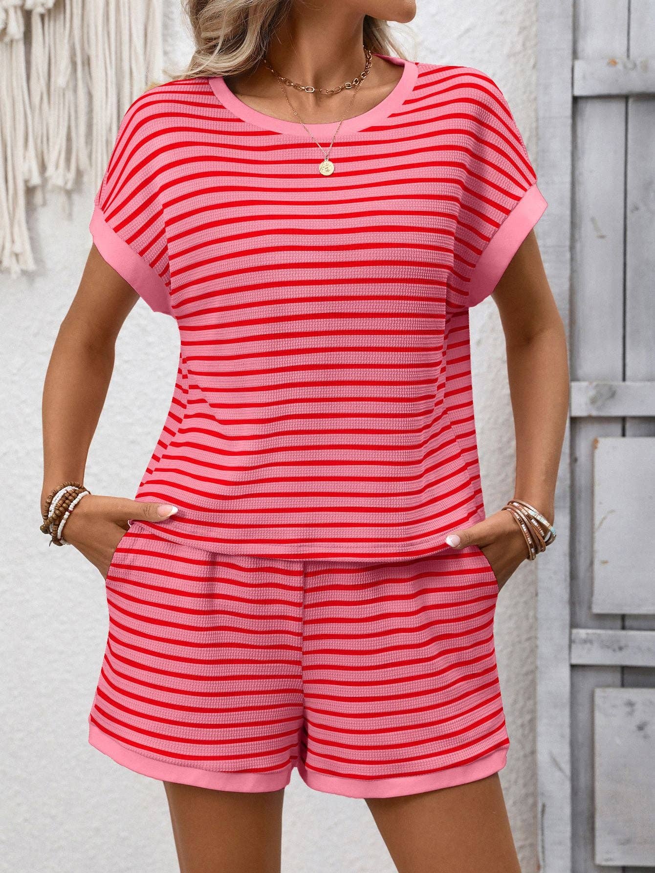 Striped Knit Lounge Set Short Sleeve Top and Shorts