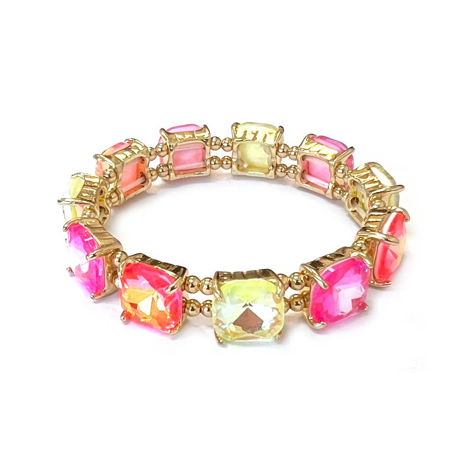 Cushion Cut Glass Crystal Linked Stretch Bracelet