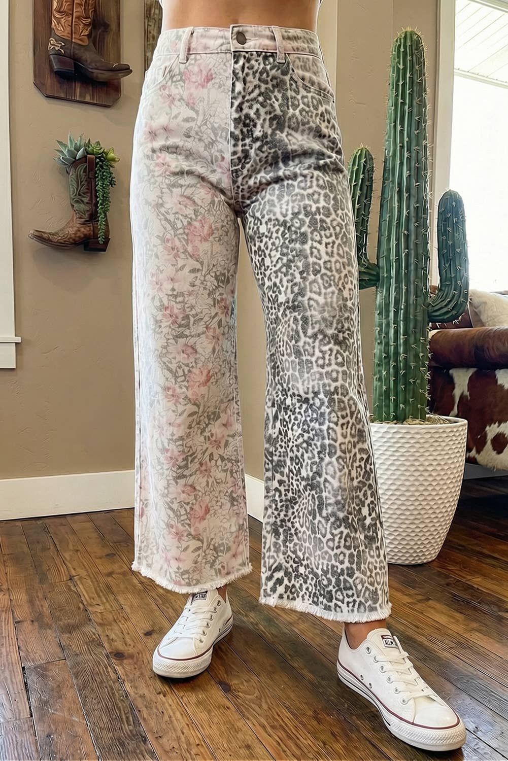 Western Leopard Frayed Edge Wide Leg High Waist Jeans*4-16