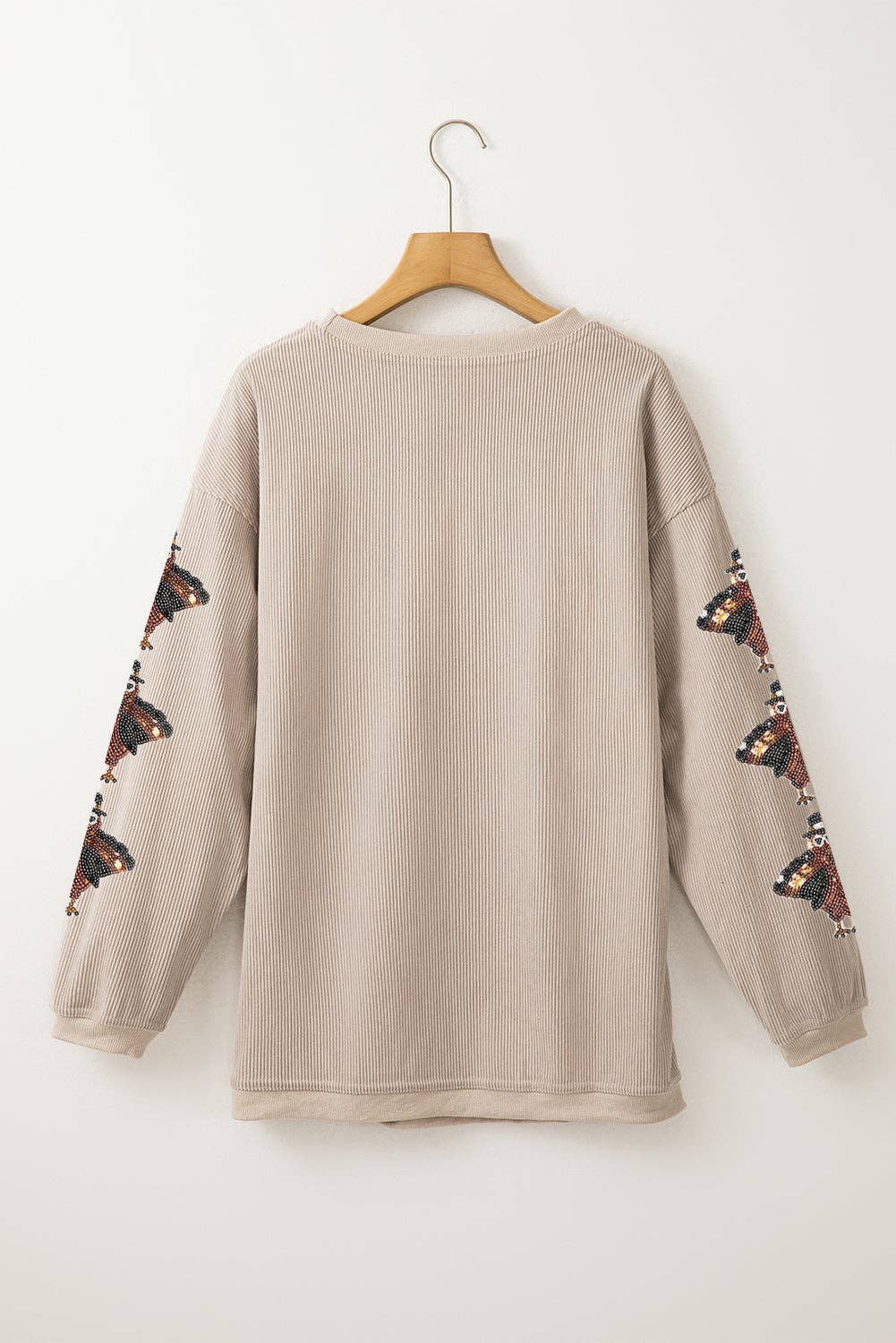 Smoke Gray Corded Ribbed Thanksgiving Turkey Sequin Patched Sleeve gobble Baggy Sweatshirt