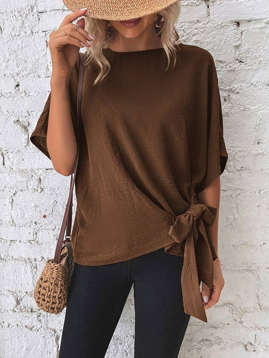 Casual Round Neck Knot Waist Tunic T-Shirt