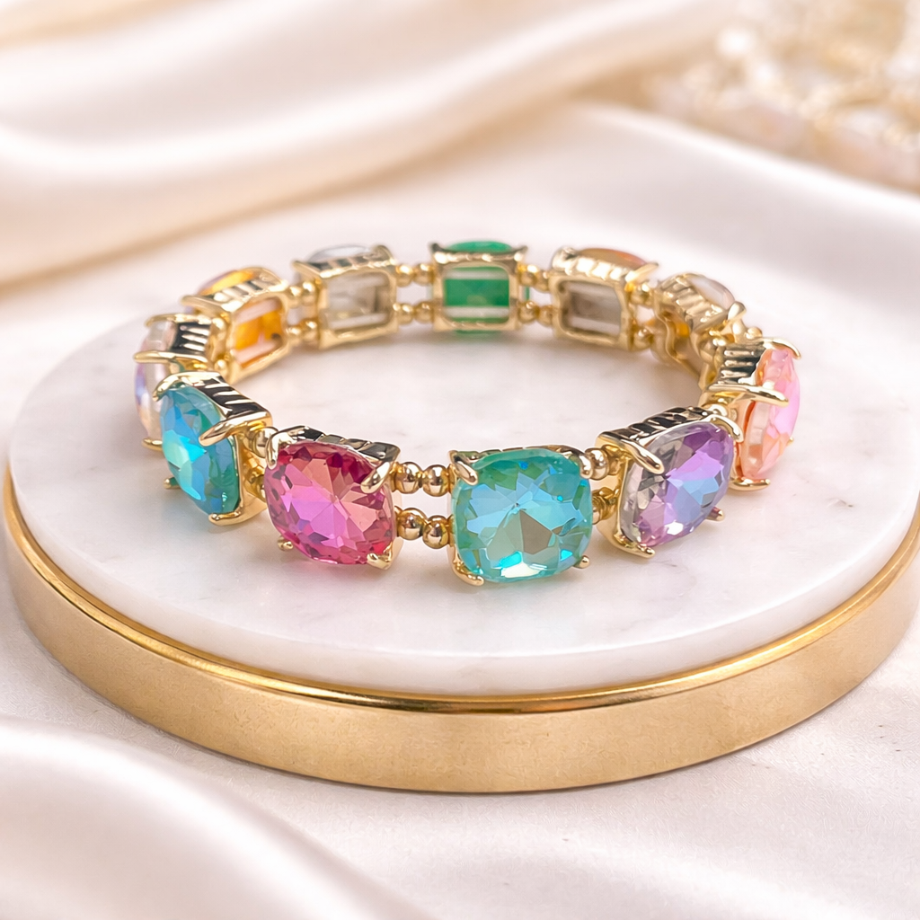 Cushion Cut Glass Crystal Linked Stretch Bracelet
