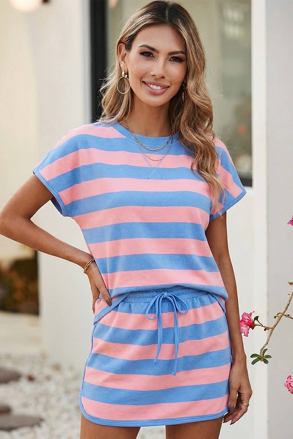 Stripe Dolman Tee Drawstring Skort Athletic 2pcs Set|S-4X