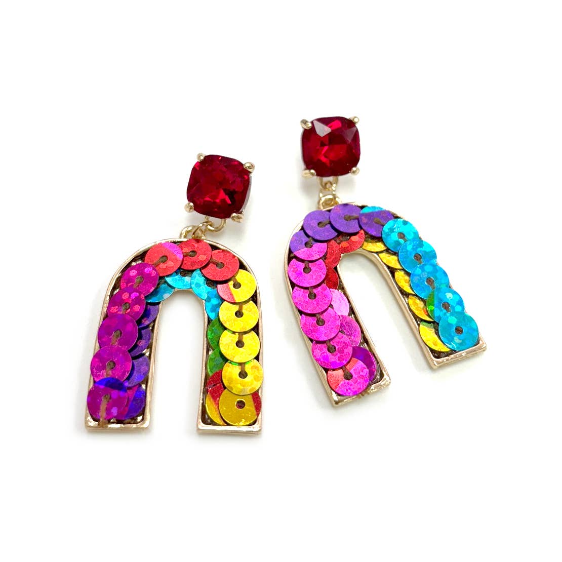 Cushion Cut Stone Post with Arch Sequin Dangle Earrings