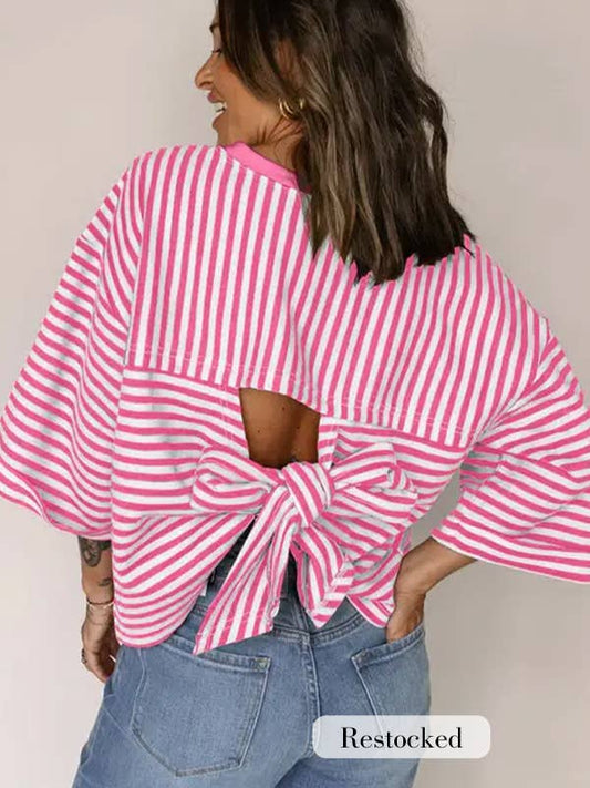 Pink Striped Knit Crew Neck Top with Back Bow Tie Detail