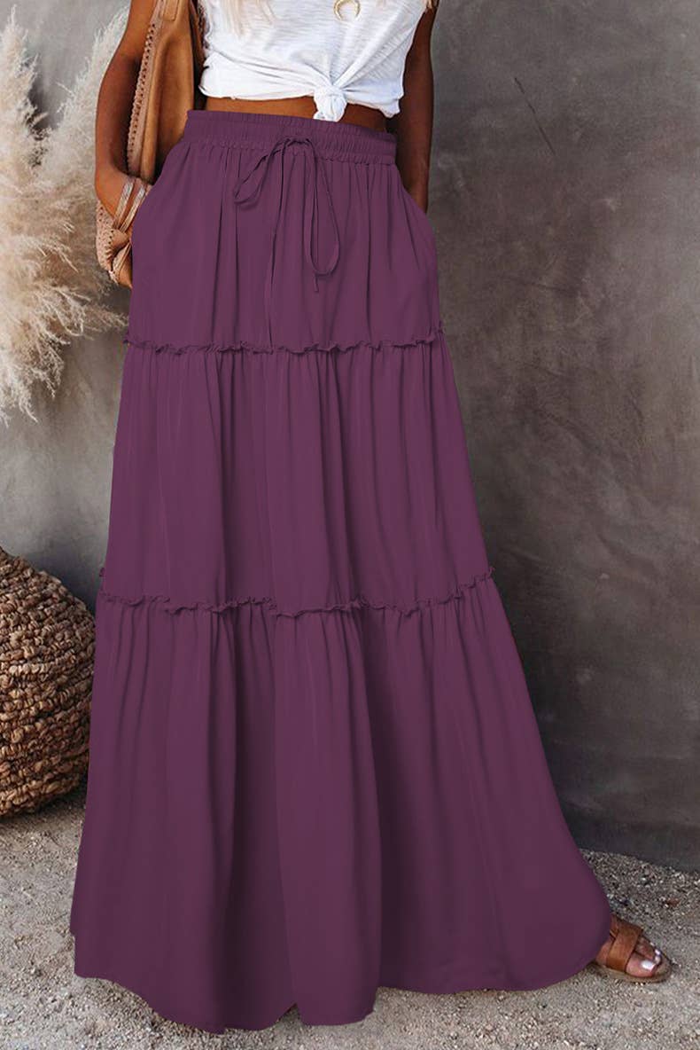 Boho Tiered Maxi Skirt with Pocket 17colors