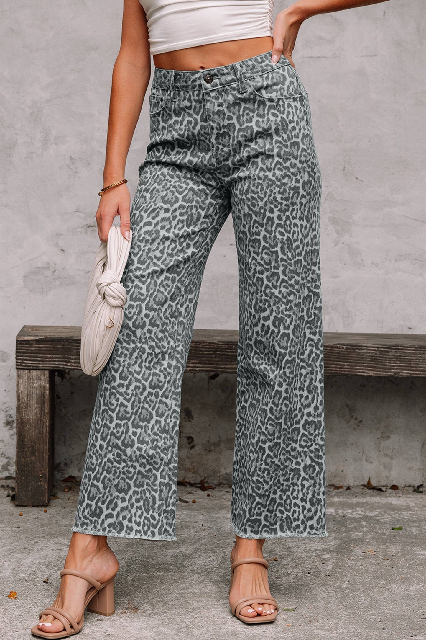 66 Western Leopard Frayed Edge Wide Leg High Waist Jeans