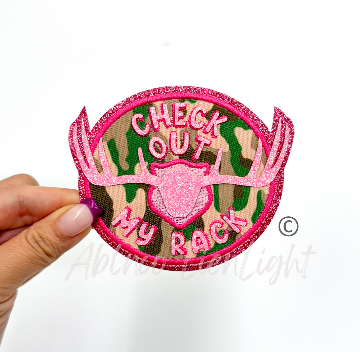 Check Out My Rack hunting camo pink embroidery patch iron on