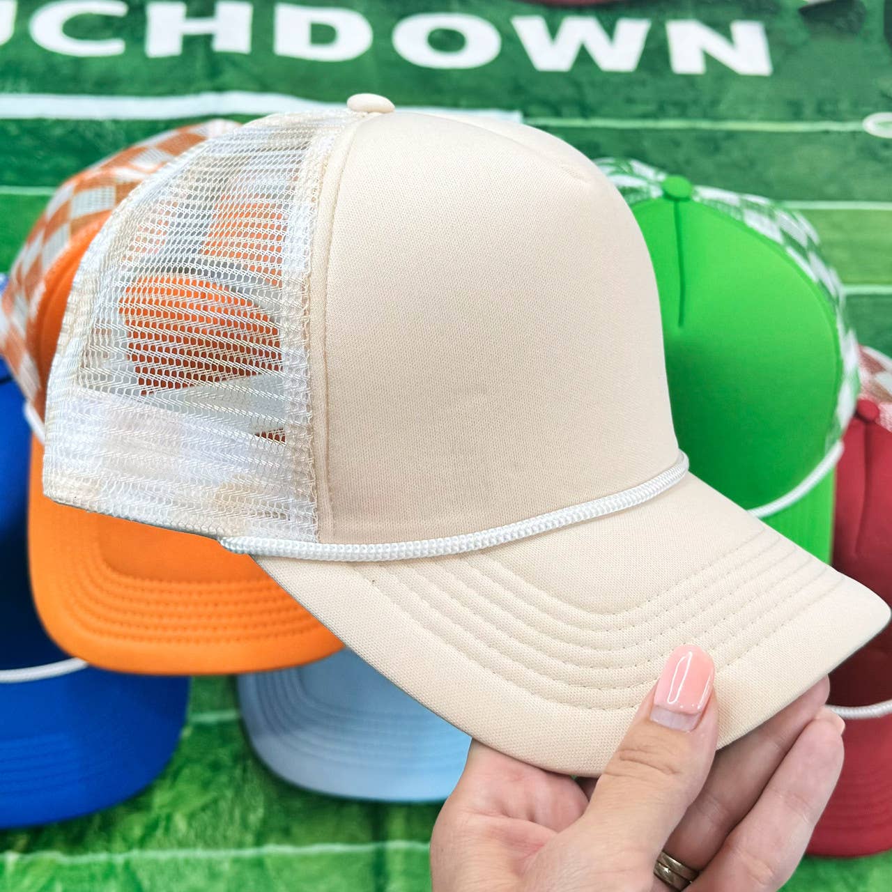 Beige & White Checkered Foam Trucker Hat