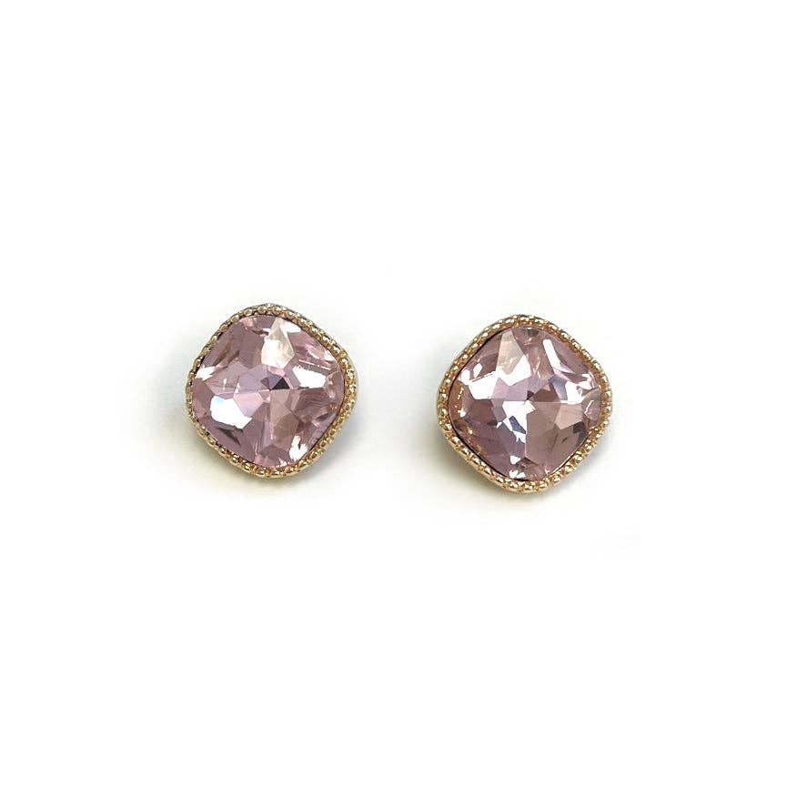 Square Textured Framed Crystal Glass Stone Stud Earrings