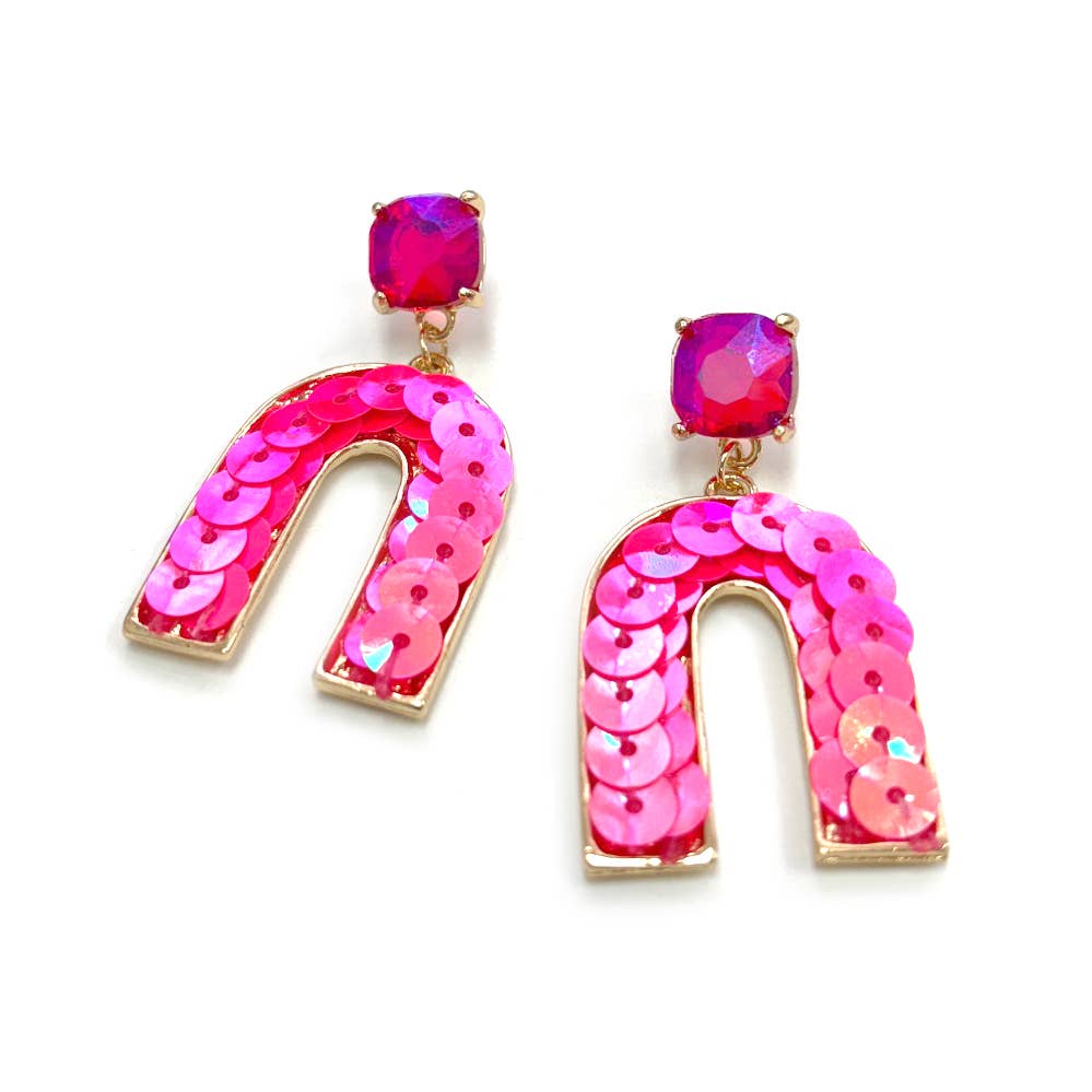 Cushion Cut Stone Post with Arch Sequin Dangle Earrings