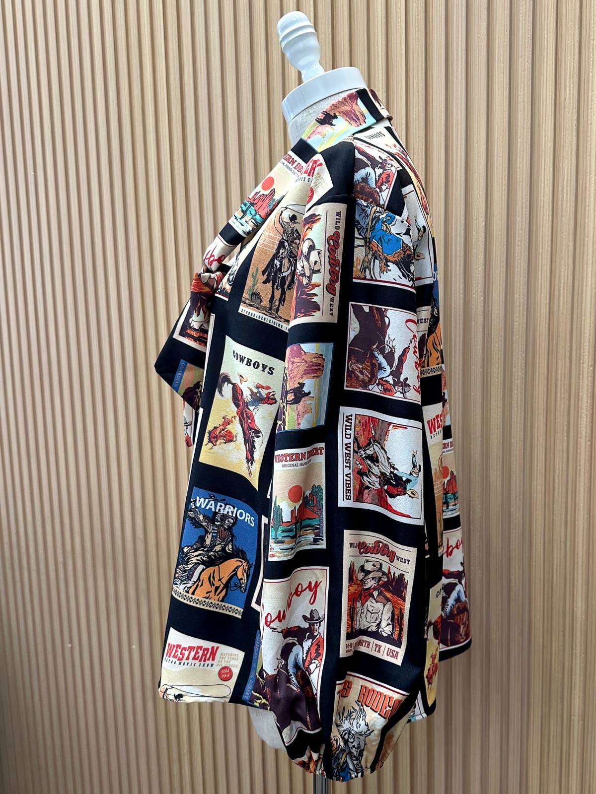 T1629-5585-Western Cowboy Stamps Print Ribbon Blouse