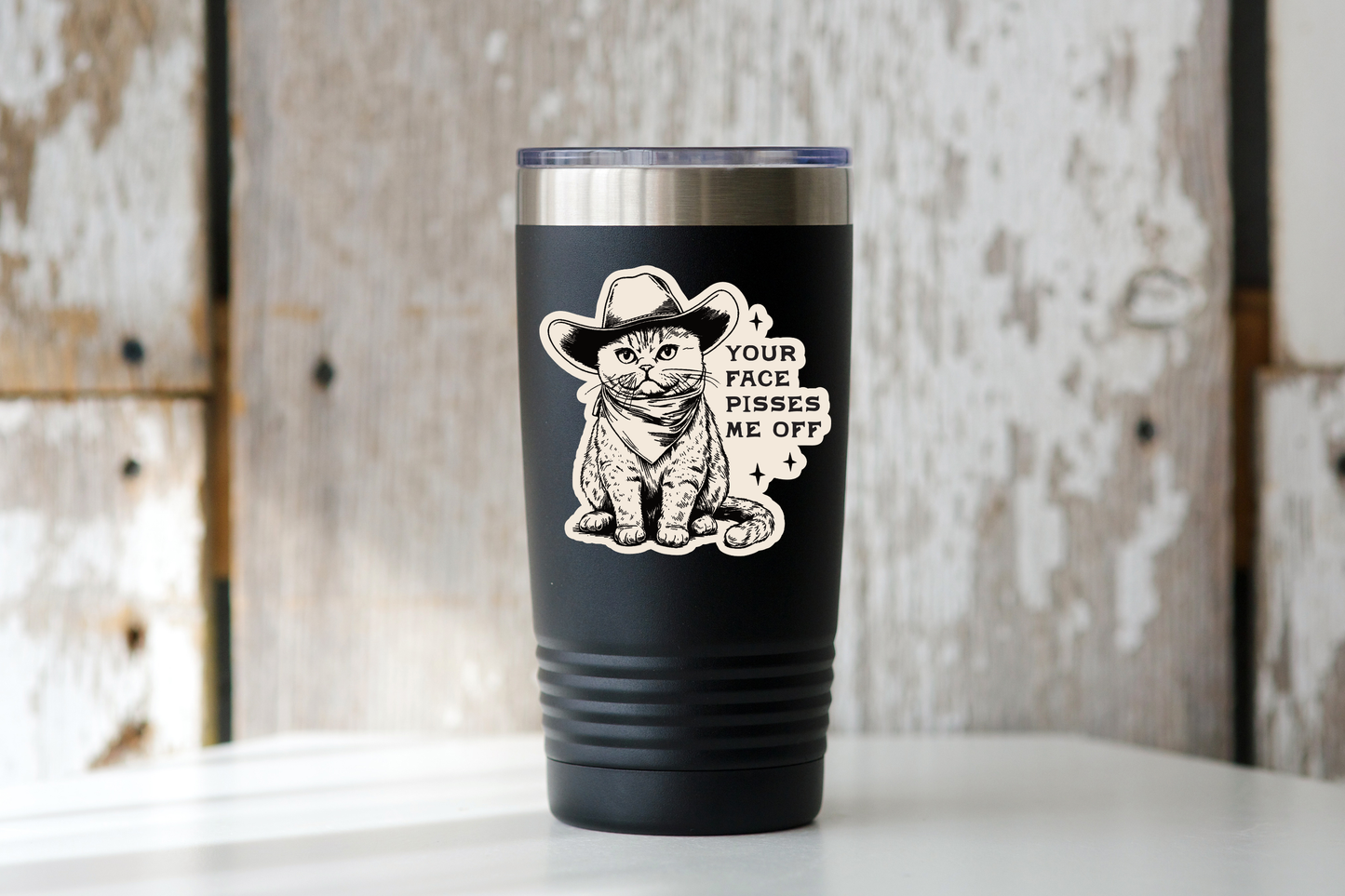 Your Face Pisses Me Off Sticker - cat, kitty, cowboy, hat