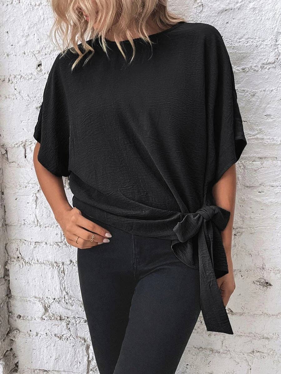 Casual Round Neck Knot Waist Tunic T-Shirt