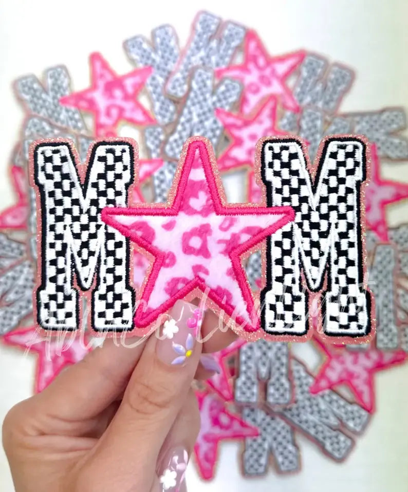 Checkered mom pink leopard star embroidery patch iron on