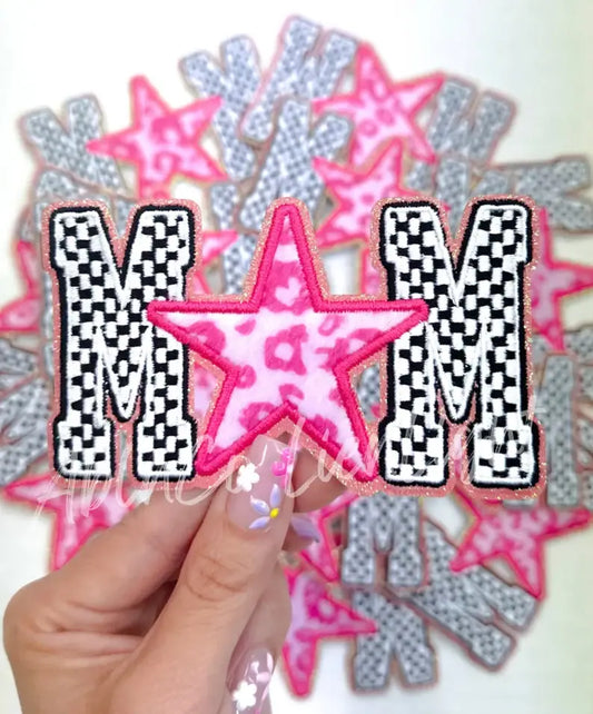 Checkered mom pink leopard star embroidery patch iron on