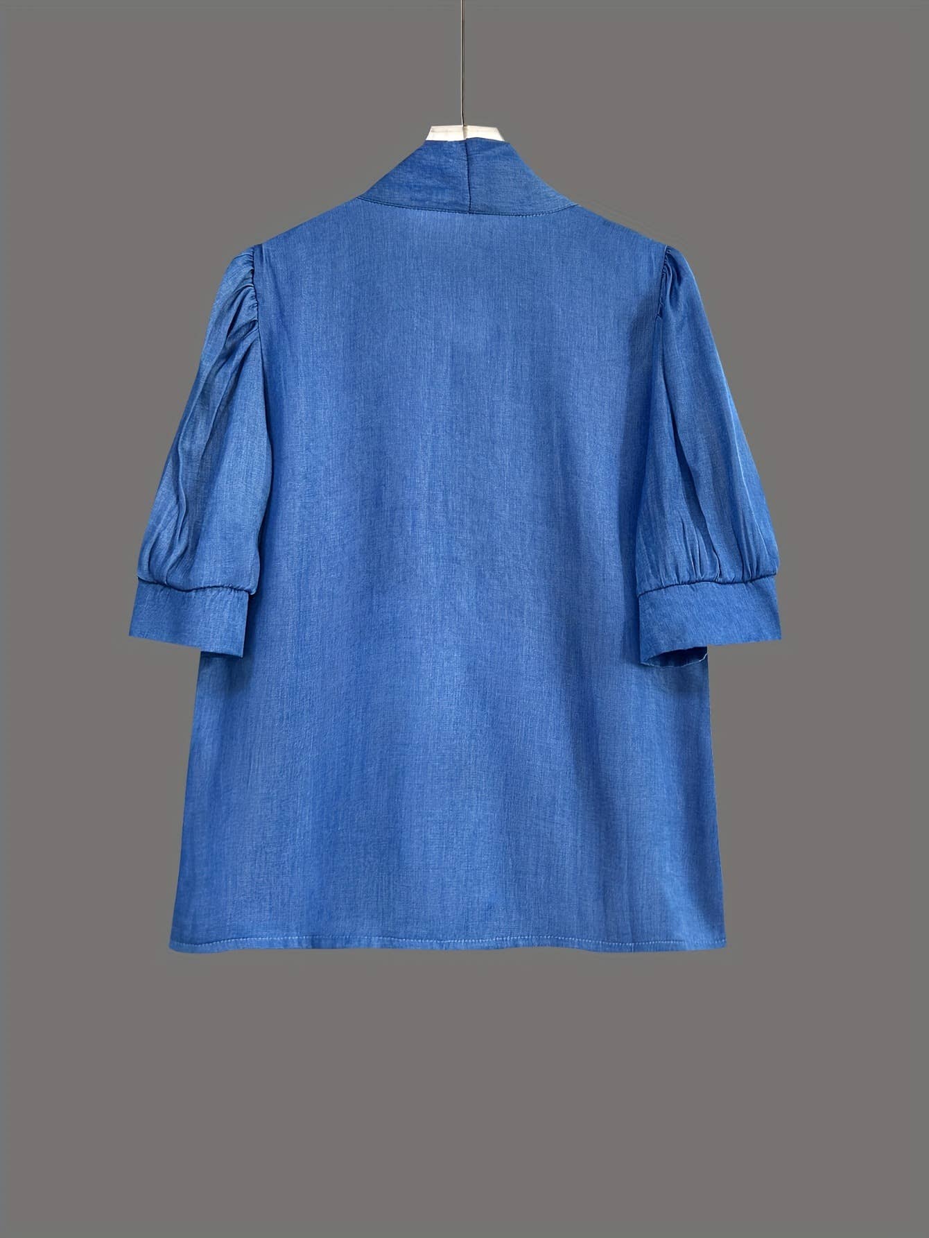 Tie-Neck Puff Sleeve Denim Blouse
