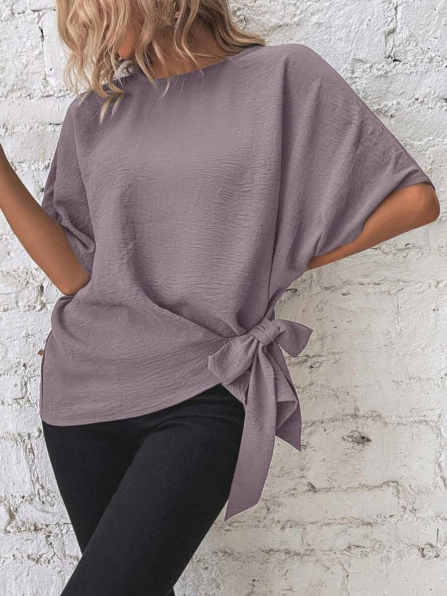 Casual Round Neck Knot Waist Tunic T-Shirt