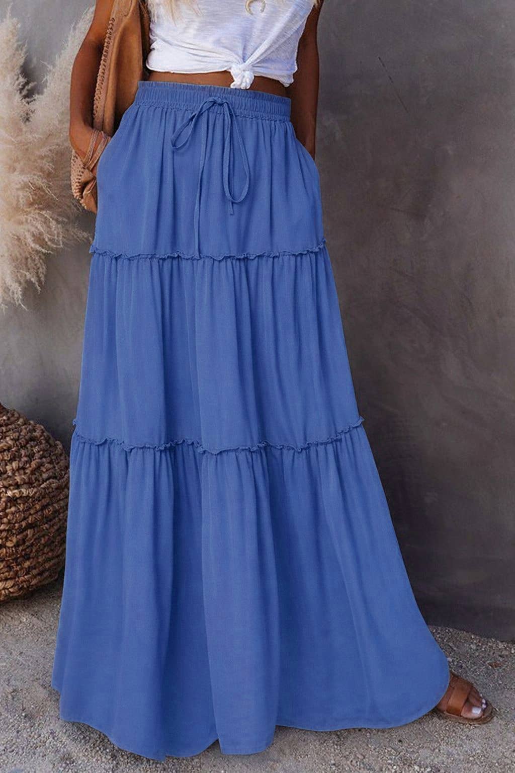 Boho Tiered Maxi Skirt with Pocket 17colors