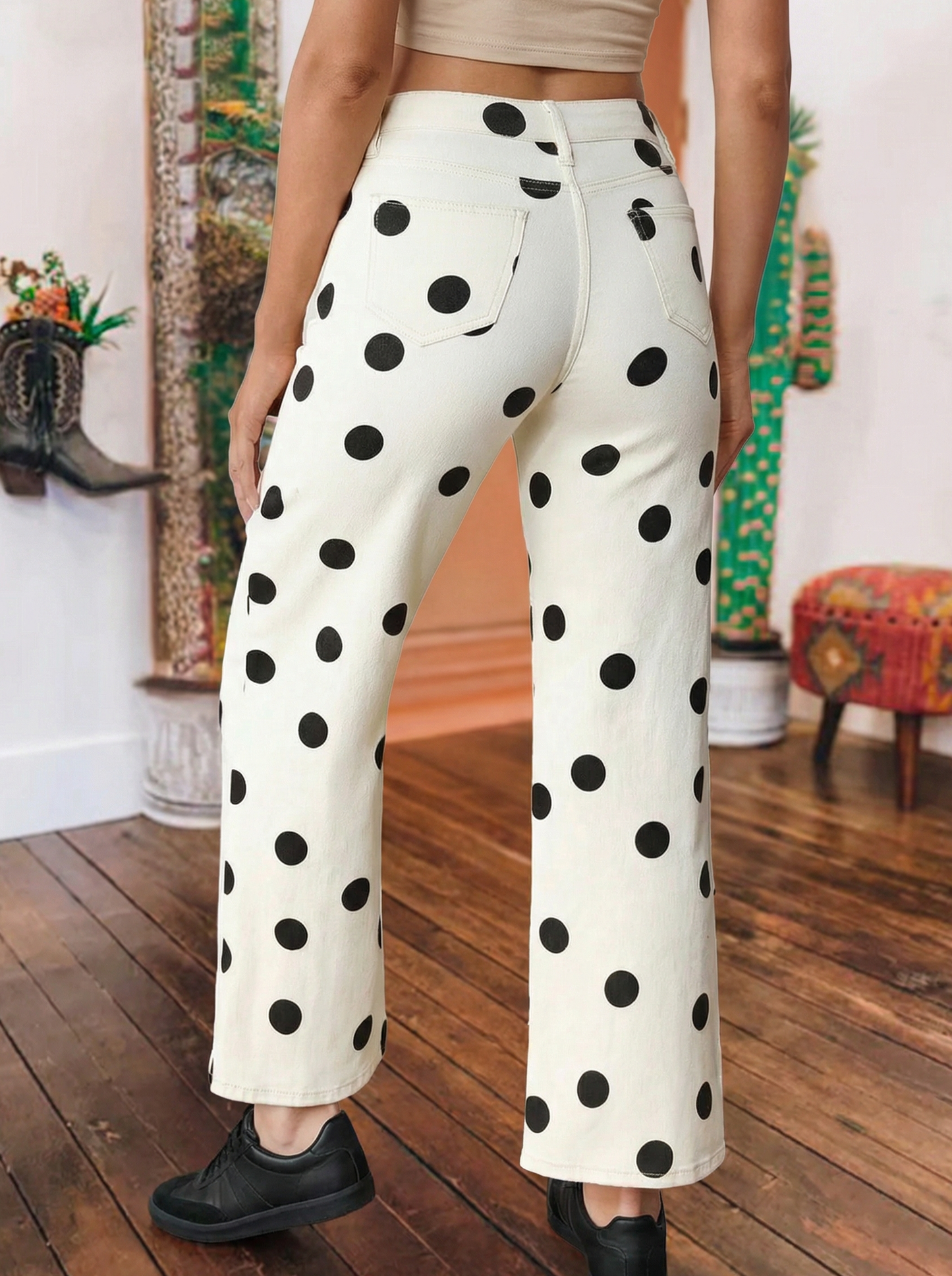 Spring Fashion Polka Dot Print Straight Leg Casual Pants