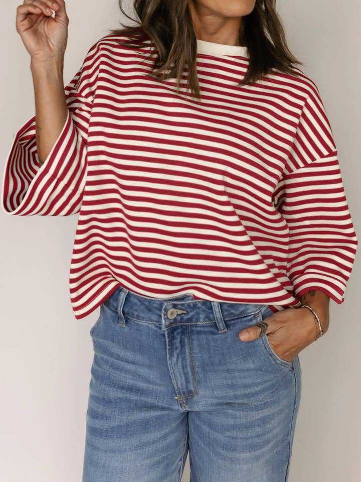 Pink Striped Knit Crew Neck Top with Back Bow Tie Detail