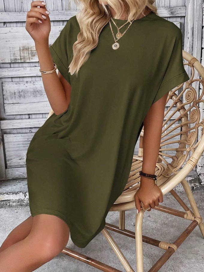 Relaxed Fit Cotton Short Sleeve Pocket Dress for Summer
