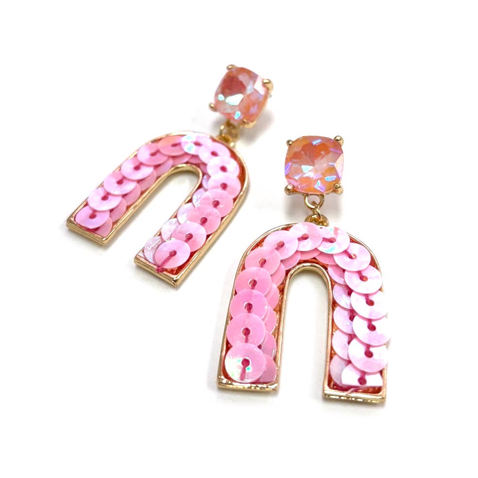 Cushion Cut Stone Post with Arch Sequin Dangle Earrings