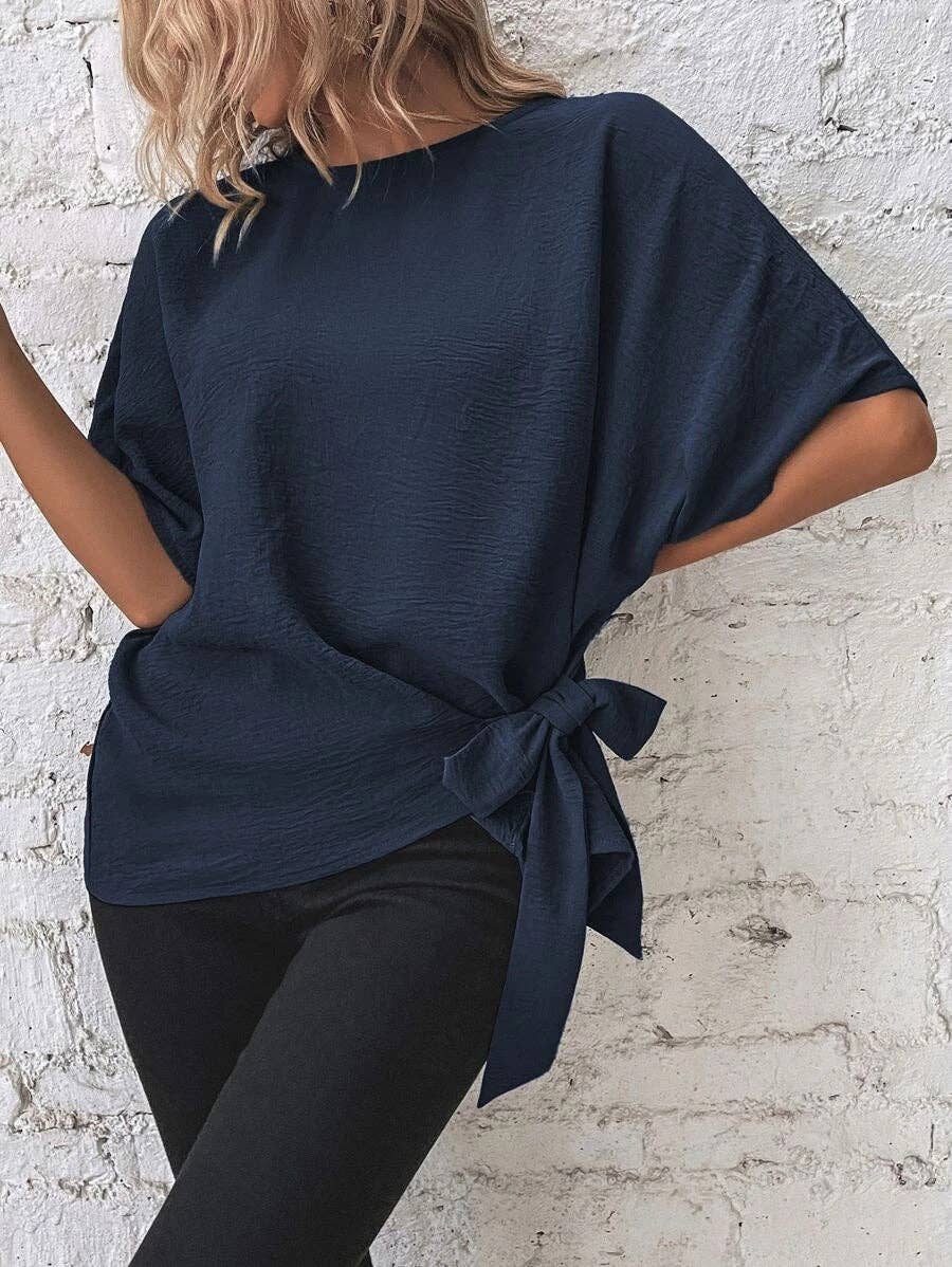 Casual Round Neck Knot Waist Tunic T-Shirt