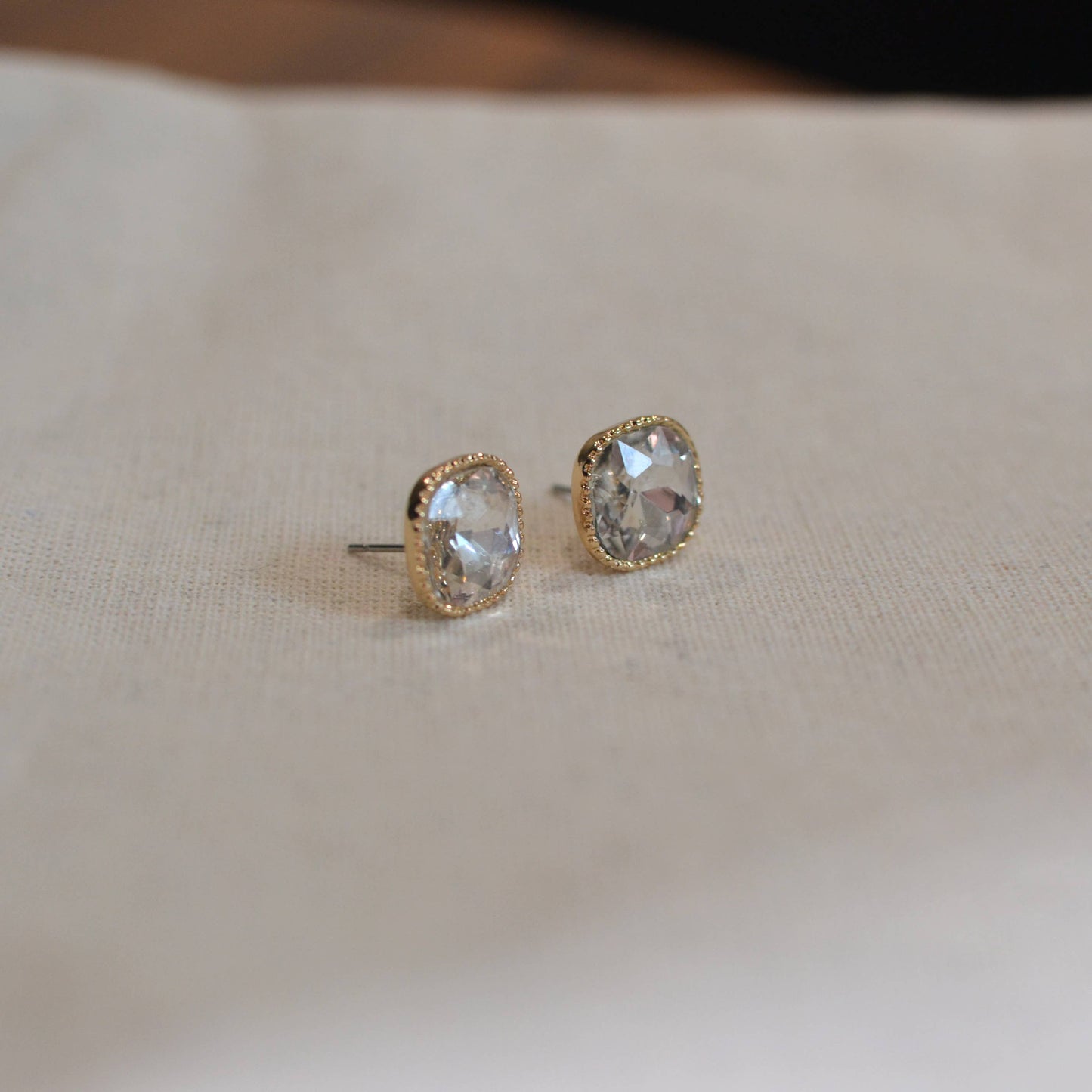 Square Textured Framed Crystal Glass Stone Stud Earrings