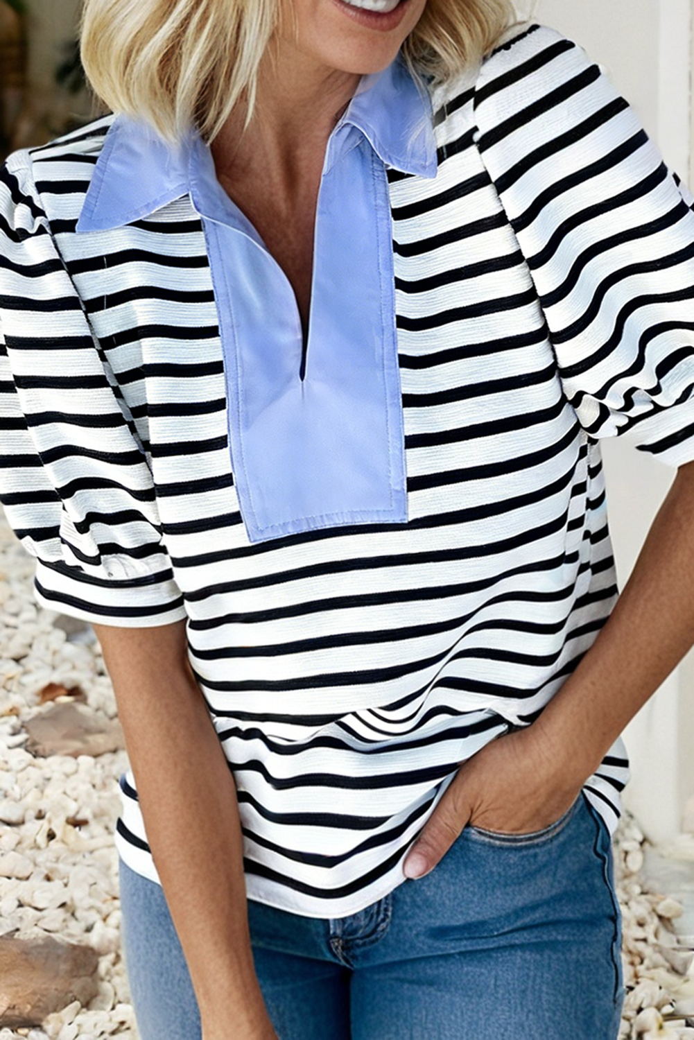 LDC Casual Striped V Neck Short Dleeve Top