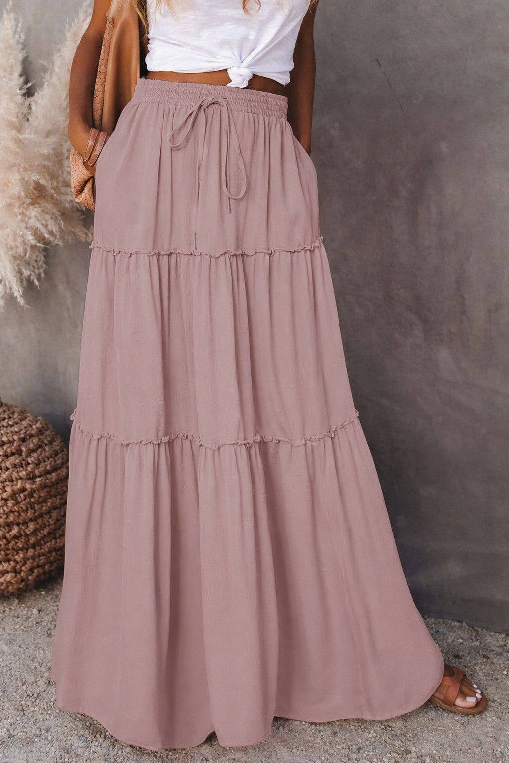 Boho Tiered Maxi Skirt with Pocket 17colors