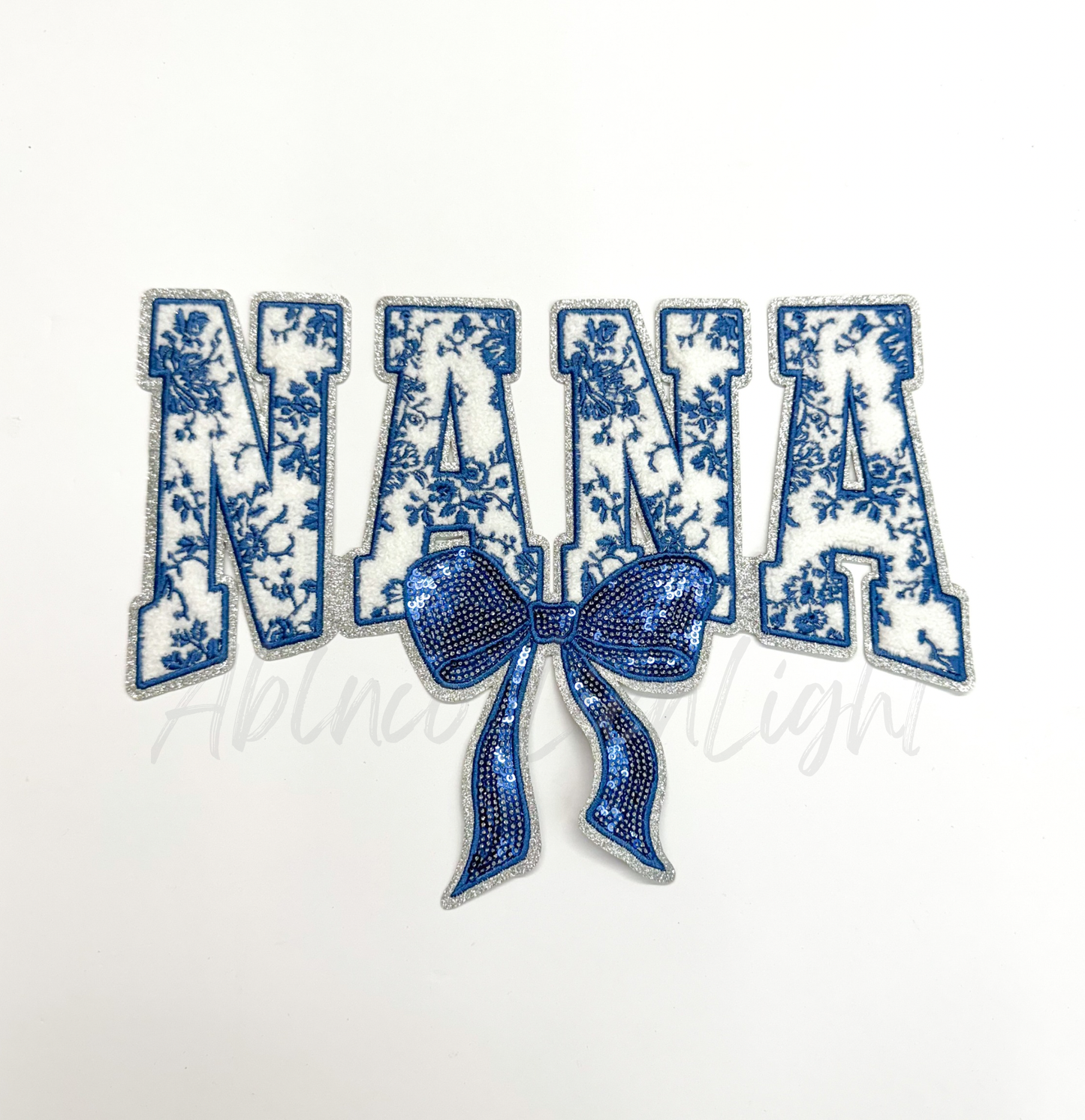 Blue Floral Nana Bow Sequins & Chenille Embroidery Patch