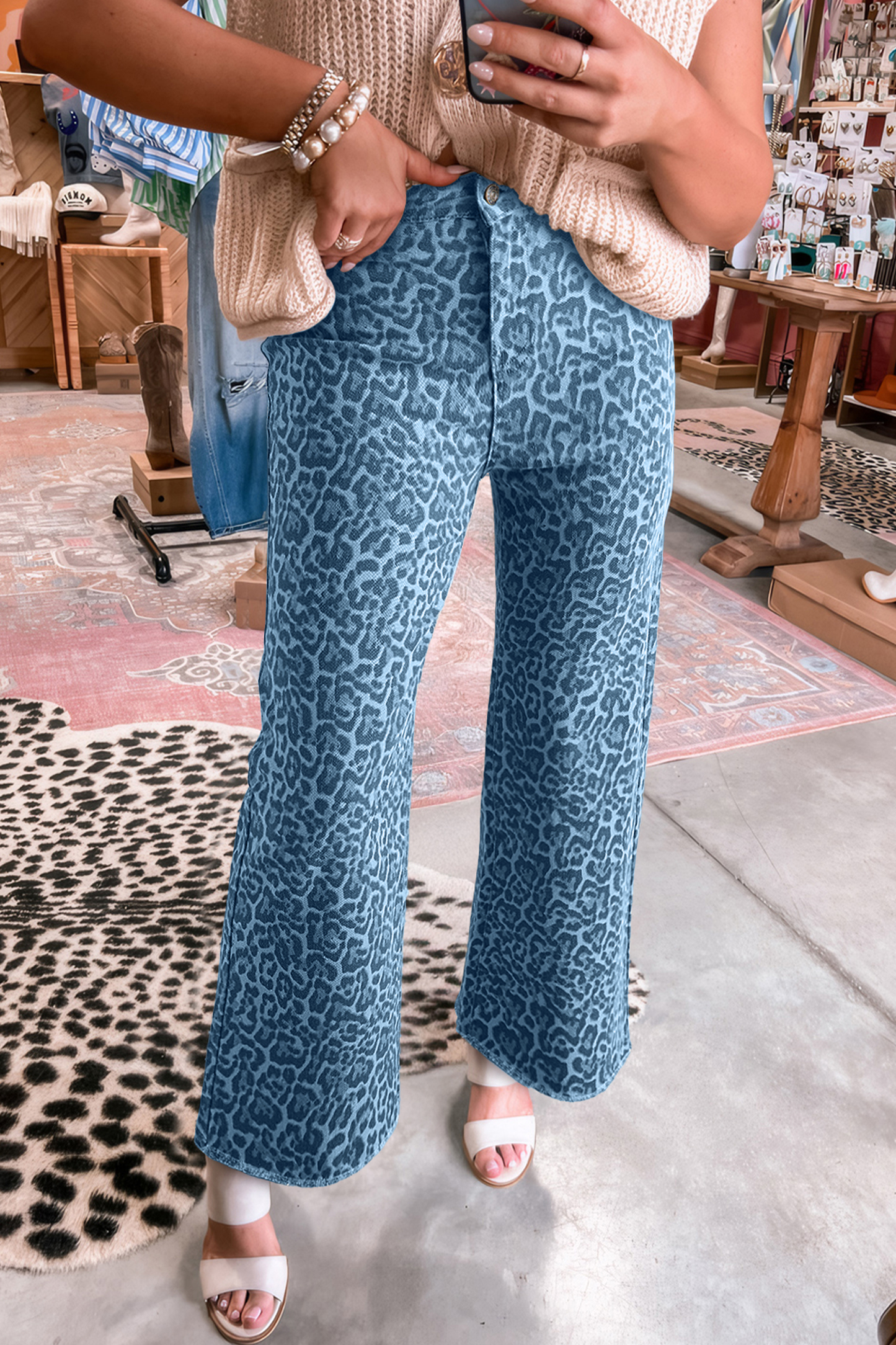 66 Western Leopard Frayed Edge Wide Leg High Waist Jeans