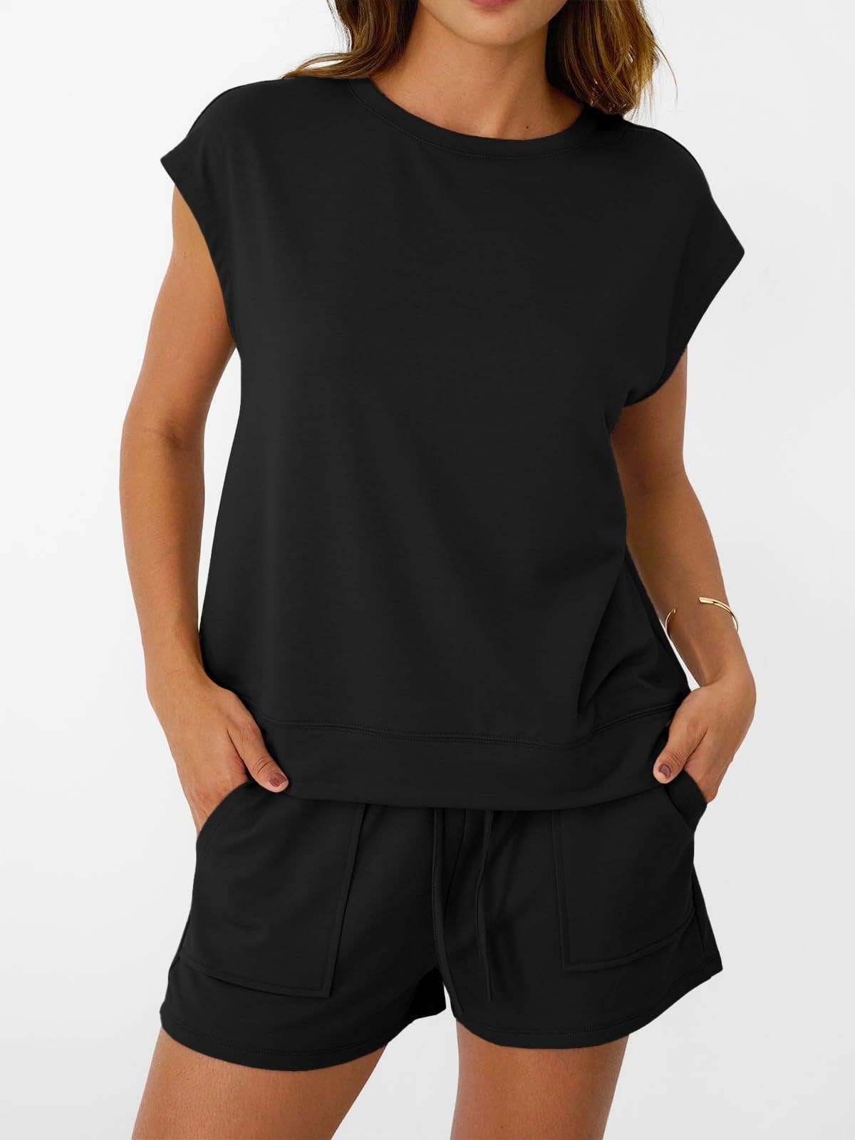 Casual Lounge Set Cap Sleeve Top Drawstring Shorts