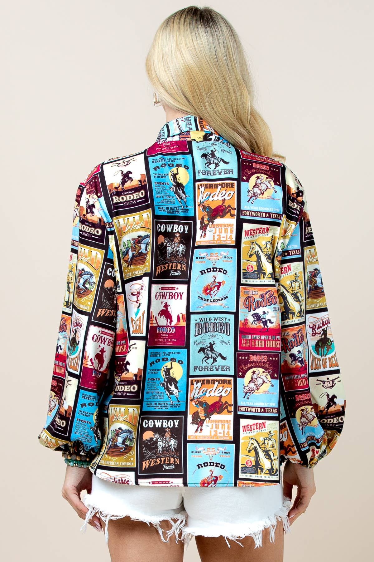 T1629-6433A-Sadia  Rodeo Stamp Print Graphic Blouse